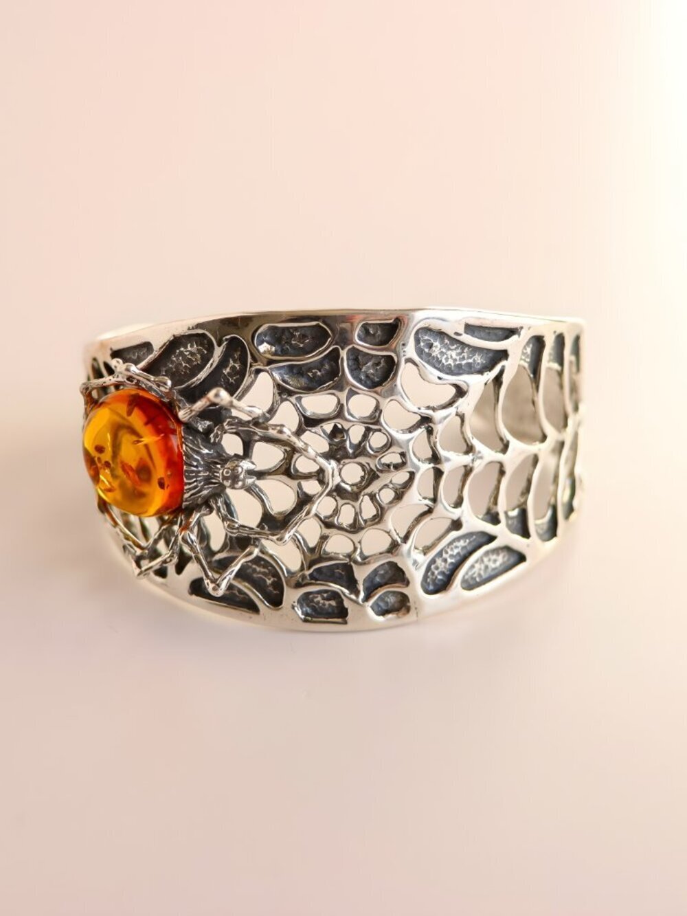 Baltic Amber Cuff Bracelet- Sterling Silver Spiderweb Design
